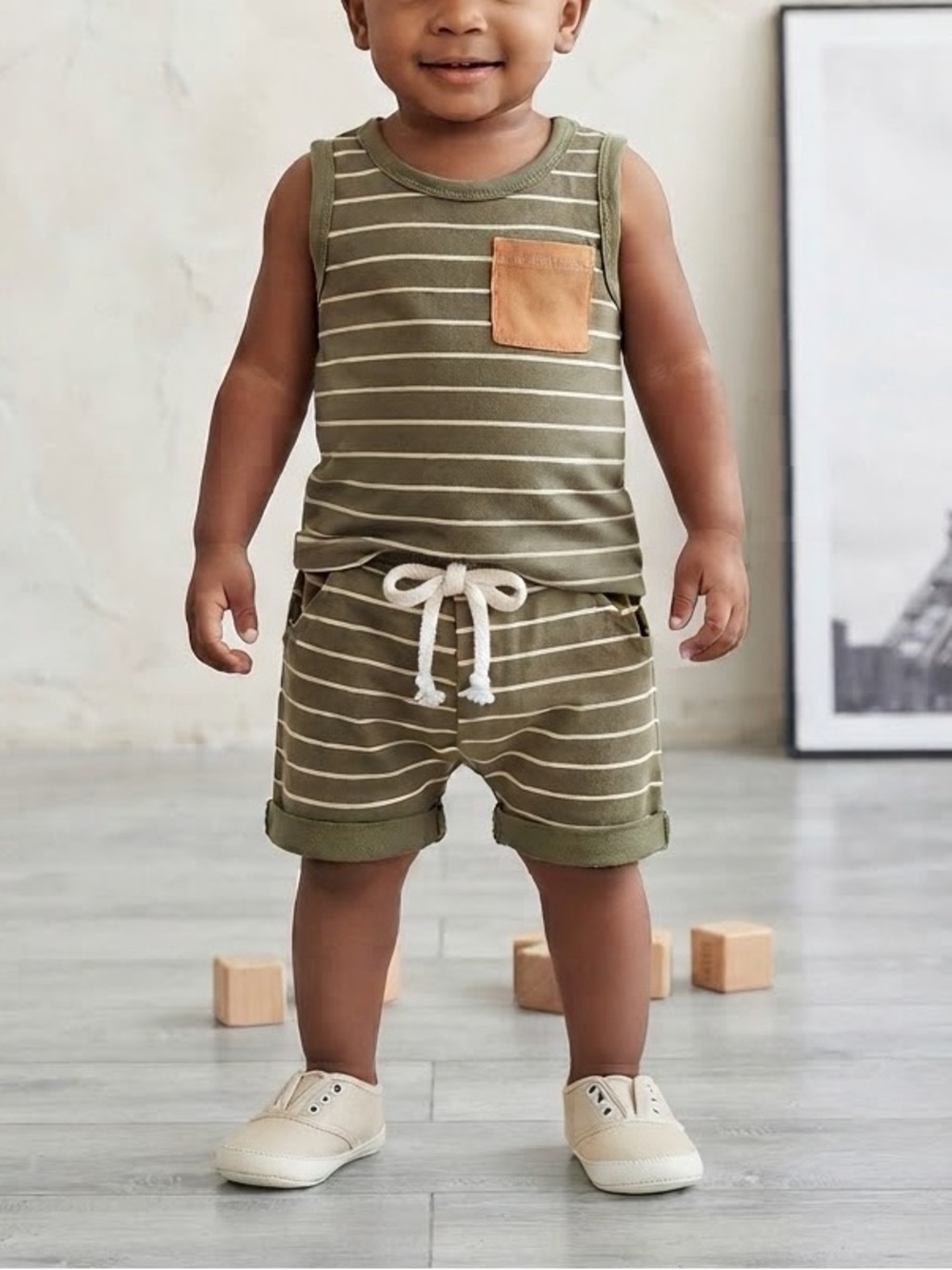 Unbranded Olive Green Cream Stripe Tank Top + Drawstring Shorts Matching Set